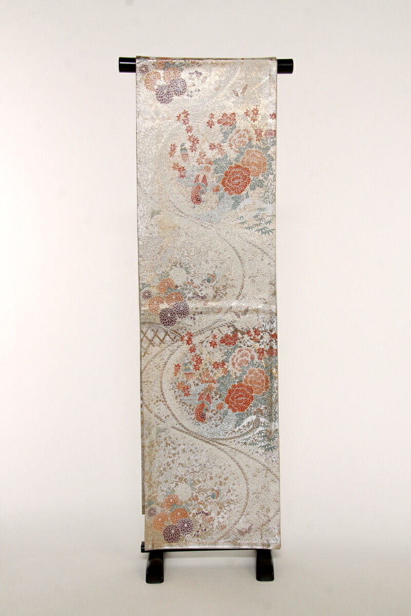 《フォーマル衣装》販売 クラレナの 金銀 花々 鳥 正絹 袋帯 (st338)【中古】(リサイクル)【和装】【着物】【女性】【帯】