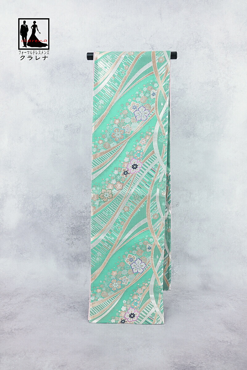《フォーマル衣装》販売 クラレナの ミントグリーン 金 桜 梅 菊 振袖用 正絹 袋帯 (cl_kimono2507) (中古) (USED) (リサイクル)【和装】【着物】【女性】