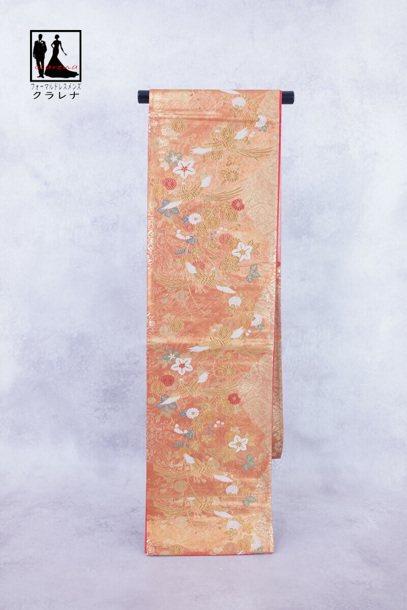 《フォーマル衣装》販売 クラレナの オレンジ 金 鳳凰 菊 浮線藤 正絹 袋帯 (cl_kimono2518) (中古) (USED) (リサイクル)【和装】【着物】【女性】 17,500円