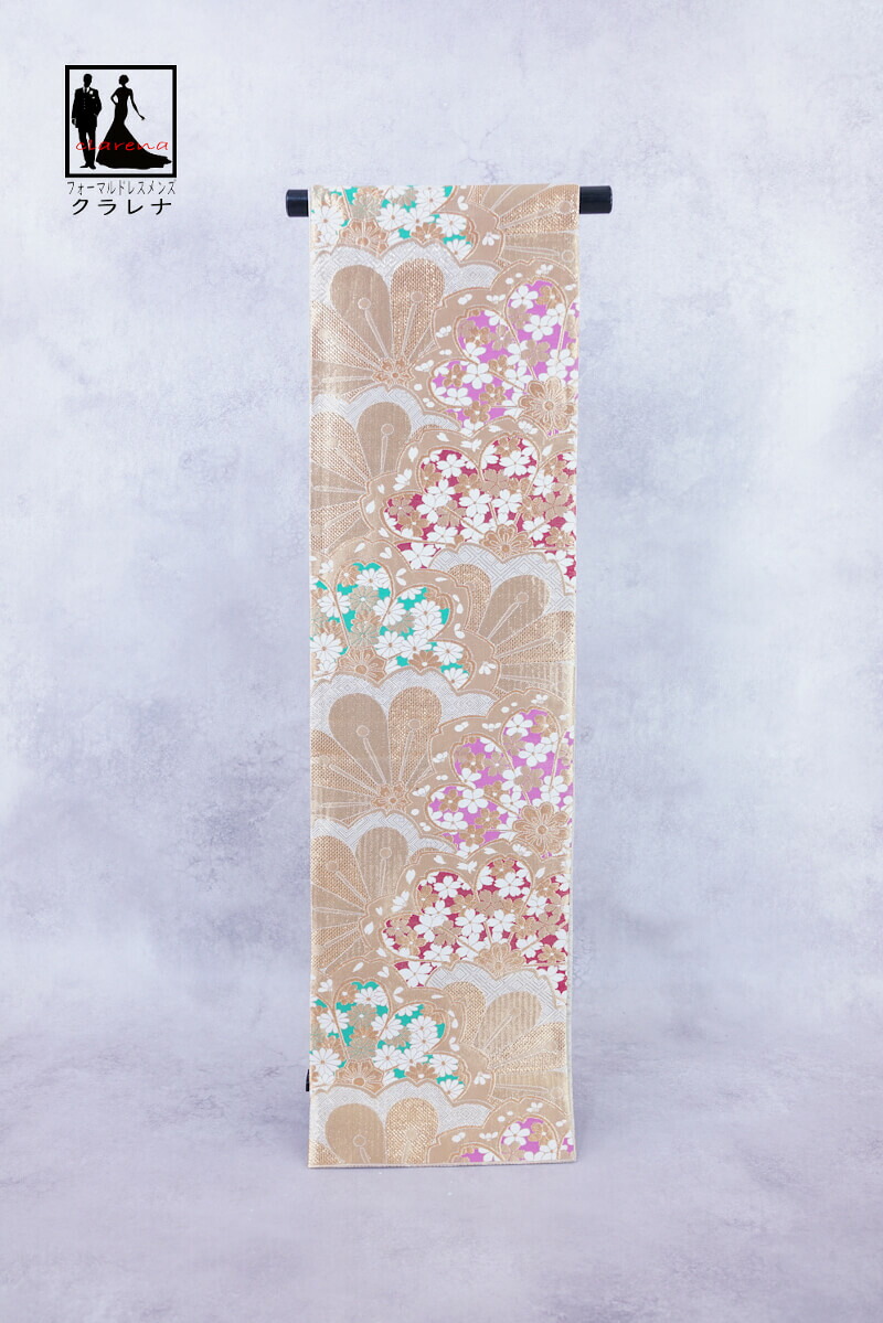 《フォーマル衣装》販売 クラレナの 金 桜花 振袖用 正絹 袋帯 (cl_kimono2519) (中古) (USED) (リサイクル)【和装】【着物】【女性】