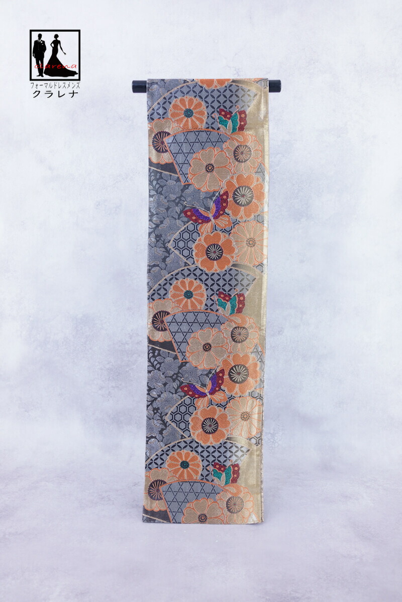 《フォーマル衣装》販売 クラレナの 金 銀 黒 菊 桜 蝶 振袖用 正絹 袋帯 (cl_kimono2524) (中古) (USED) (リサイクル)【和装】【着物】【女性】
