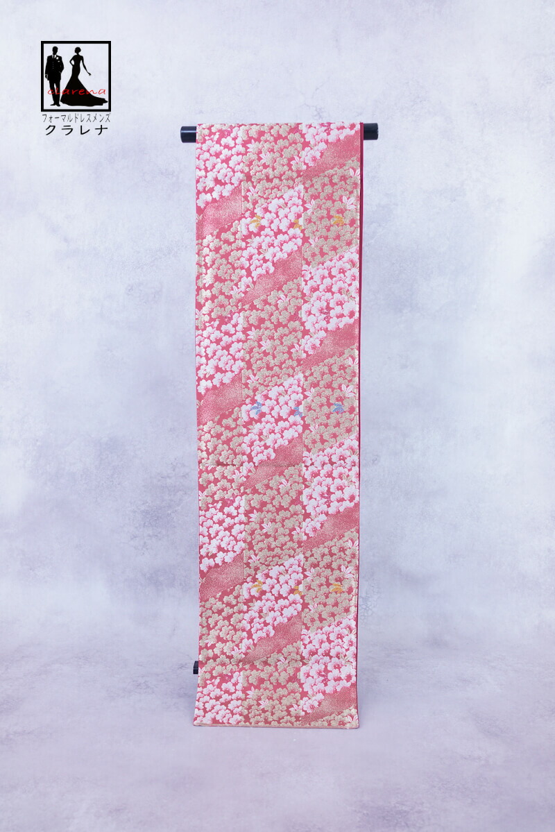 《フォーマル衣装》販売 クラレナの コーラルオレンジ 金 桜花 振袖用 正絹 袋帯 (cl_kimono2526) (中古) (USED) (リサイクル)【和装】【着物】【女性】