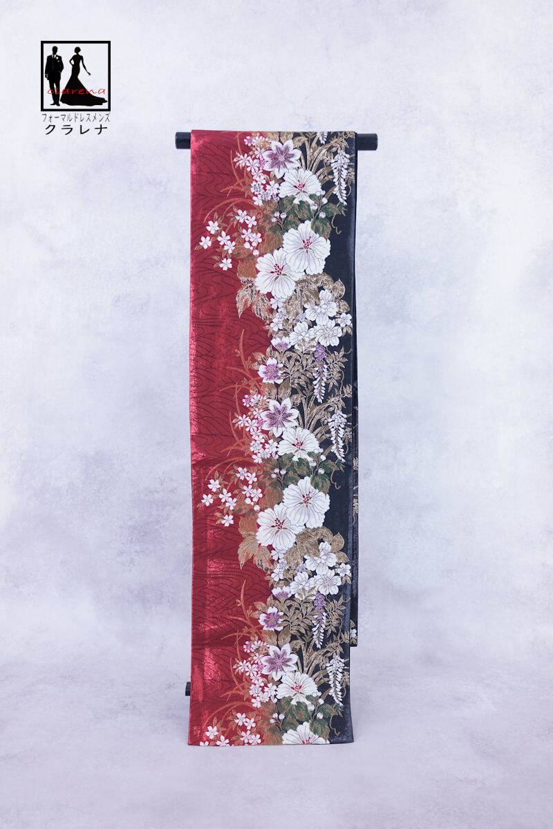 《フォーマル衣装》販売 クラレナの メタルレッド 金 黒 白 花々 振袖用 正絹 袋帯 (cl_kimono2527) (中古) (USED) (リサイクル)【和装】【着物】【女性】