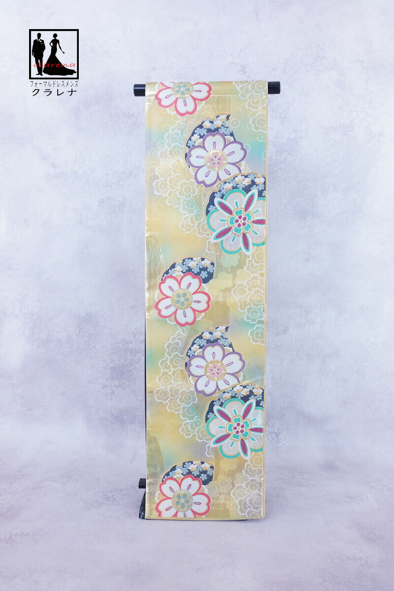 《フォーマル衣装》販売 クラレナの 金 ペールグリーン 桜 雪輪 振袖用 正絹 袋帯 (cl_kimono2536) (中古) (USED) (リサイクル)【和装】【着物】【女性】 16,560円
