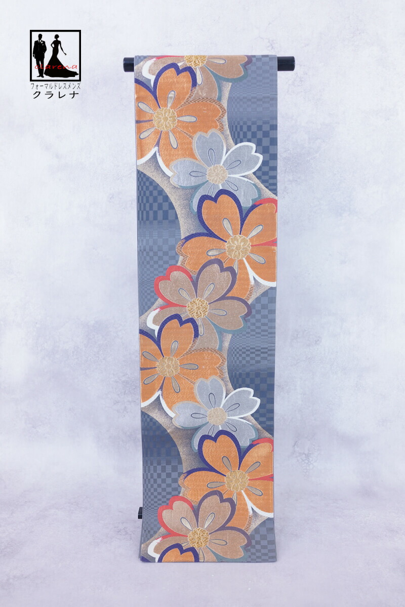 《フォーマル衣装》販売 クラレナの 金 銀 グレー 桜花 市松文様 振袖用 正絹 袋帯 (cl_kimono2537) (中古) (USED) (リサイクル)【和装】【着物】【女性】