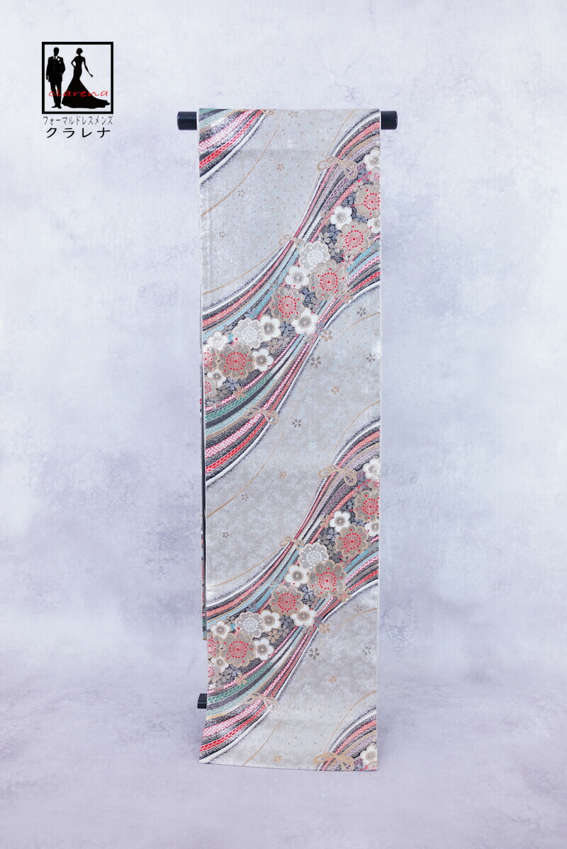 《フォーマル衣装》販売 クラレナの 銀 黒 金 赤 梅 桜 組紐 振袖用 正絹 袋帯 (cl_kimono2539) (中古) (USED) (リサイクル)【和装】【着物】【女性】