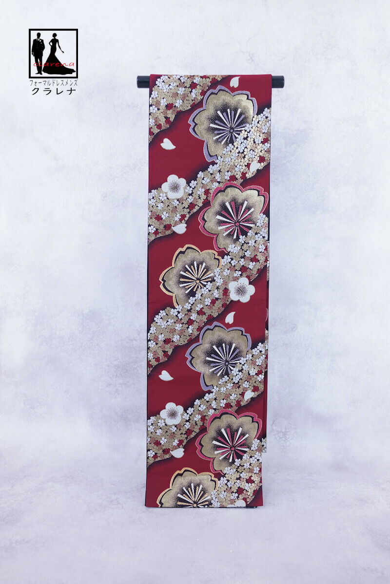 《フォーマル衣装》販売 クラレナの エンジ色 金 黒 桜 梅 振袖用 正絹 袋帯 (cl_kimono2542) (中古) (USED) (リサイクル)