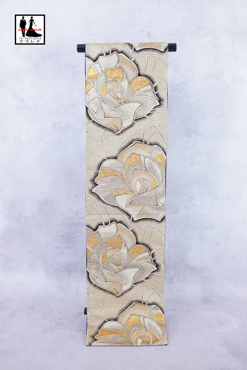 《フォーマル衣装》販売 クラレナの 金 黒 薔薇 振袖用 正絹 袋帯 (cl_kimono2554) (中古) (USED) (リサイクル)【和装】【着物】【女性】