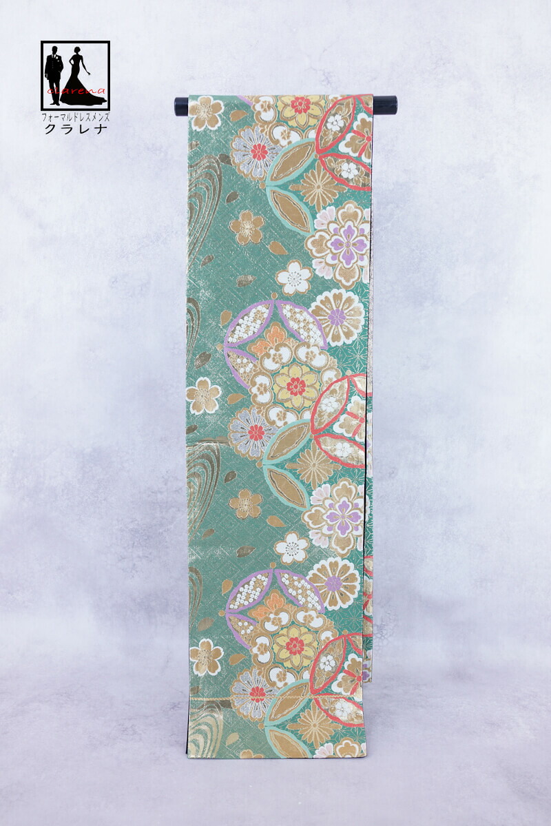 《本日クーポン利用で15％オフに》《フォーマル衣装》販売 クラレナの 緑 金 七宝花菱 華文 桜 菊 振袖用 正絹 袋帯 (cl_kimono2561) (中古) (USED) (リサイクル)【和装】【着物】【女性】｜フォーマルドレスメンズ　クラレナ 17,750円