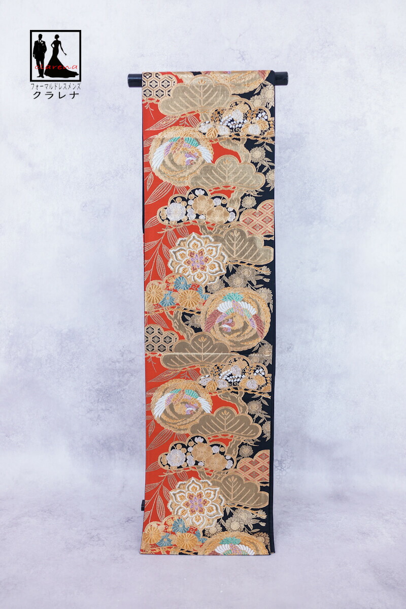 《フォーマル衣装》販売 クラレナの 朱 金 黒 松 鳳凰円 華文 梅 桐 振袖用 正絹 袋帯 (cl_kimono2564) (中古) (USED) (リサイクル)【和装】【着物】【女性】