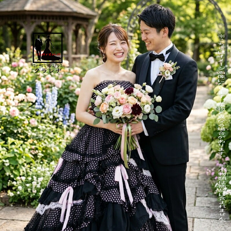 《フォーマル衣装》黒 ピンク 水玉 リボン カラードレス 11号フリー (CLC5114) クラレナ Scena D'uno 演奏会 ステージ衣装 ネックレス イヤリング付き【ドレス】 【洋装】【中古】 (USED品)（リサイクル）【cd9】【cd11】【cd13】