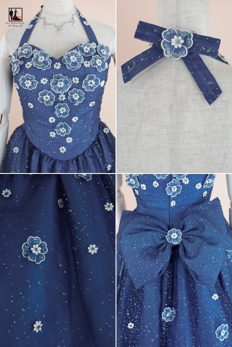 楽天市場 送料無料 二次会 花嫁 ウエディング 演奏会 イブニングクラレナの ネックレス イヤリング付き ネイビー ラメ 小花 ホルターネック カラー ドレス 7号フリー Clc4617 中古 Used品 リサイクル 洋装 ドレス Cd7 Cd9 Cd11 フォーマル