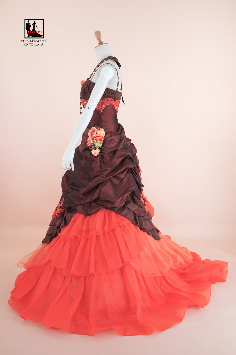 送料無料 二次会 花嫁 ウエディング 演奏会 イブニングクラレナの 髪飾り ネックレス付き ダークブラウン オレンジ カラードレス 7 11号 Clc4621 中古 Used品 リサイクル 洋装 ドレス Cd7 Cd9 Cd11 Altamisa Mx