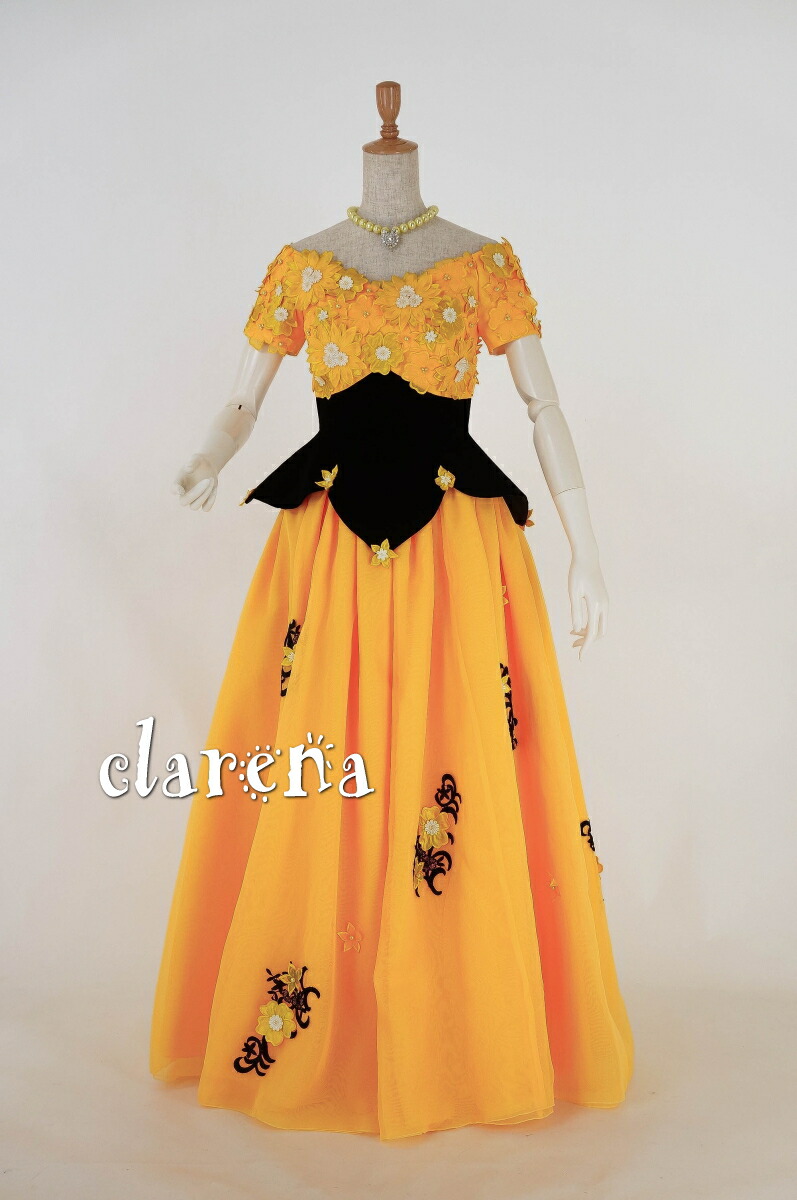 楽天市場 ロングドレス ウェディングドレス 送料無料 演奏会 二次会 ステージ衣装 リサイクル 裾上げ加工済み 山吹色 黒に花々 カラードレス 9号 Clc3234 Used品 中古 洋装 ドレス Cd9 フォーマルドレスメンズ クラレナ