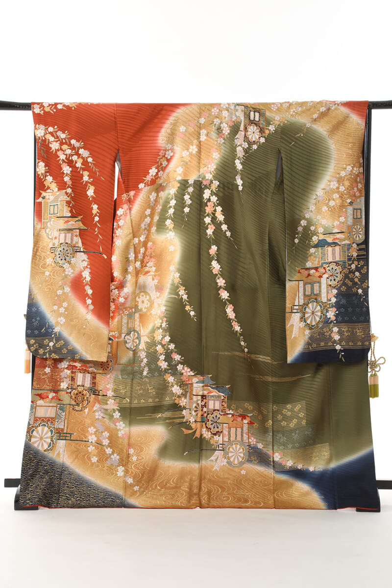 《フォーマル衣装》販売 クラレナの　茶 黄土色 抹茶色 藍色 枝垂れ桜 御所車 正絹 中振袖　(MS785)　(中古)　(USED)　(リサイクル)【和装】【着物】【女性】｜フォーマルドレスメンズ　クラレナ
