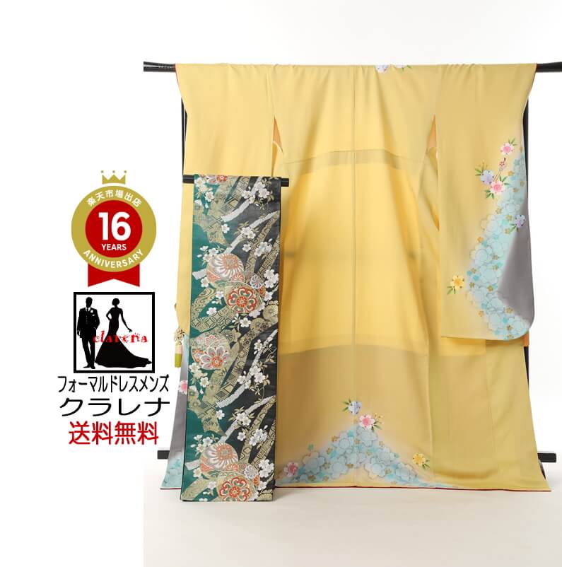 《フォーマル衣装》販売 クラレナの イエロー ソーダ色 グレー 桜 簪 正絹 中振袖+ 深緑 黒 金 毬 桜 熨斗 正絹 袋帯 2点セット (MS887) (中古) (USED) (リサイクル)【和装】【着物】【女性】【中振袖】