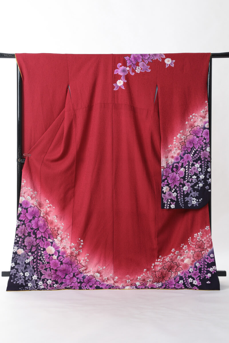 エンジ色濃紫紫花々正絹中振袖(MS1004)(中古)(USED)