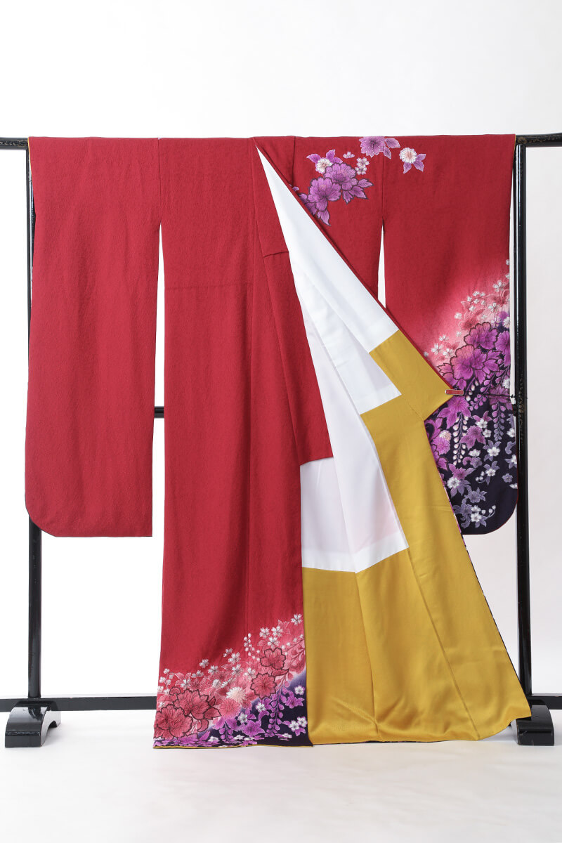 エンジ色濃紫紫花々正絹中振袖(MS1004)(中古)(USED)