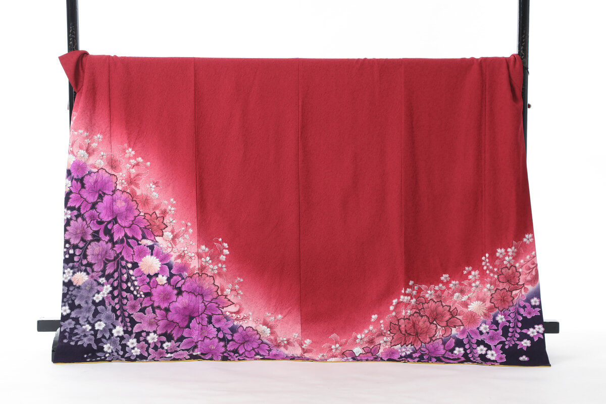 エンジ色濃紫紫花々正絹中振袖(MS1004)(中古)(USED)