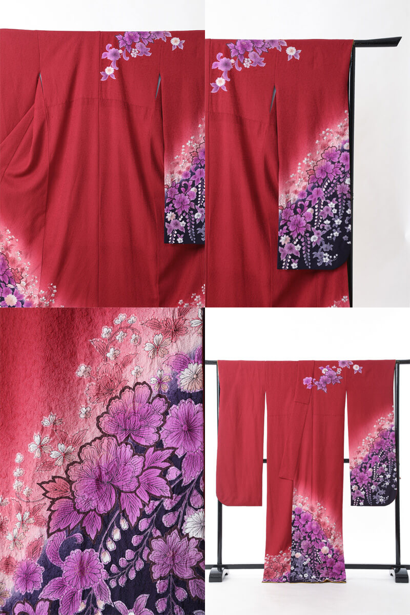 エンジ色濃紫紫花々正絹中振袖(MS1004)(中古)(USED)