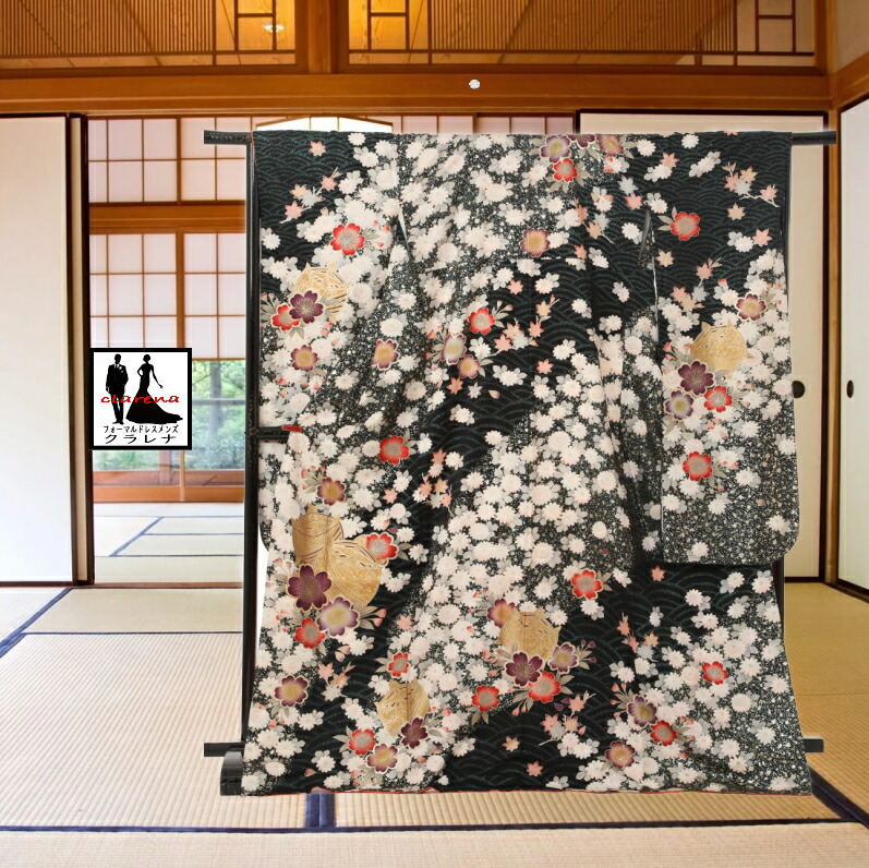 《フォーマル衣装》販売 クラレナの 黒 桜 菊 もみじ 苧環 青海波 正絹 中振袖 (MS1254) (中古 )(USED) (リサイクル)【和装】【着物】【女性】【中振袖】