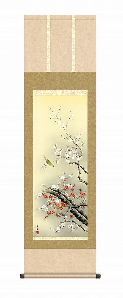 【メーカー直送】 掛け軸 床の間 掛軸 モダン 紅白梅に鶯 田村竹世 尺三 幅54.5×高さ約164cm