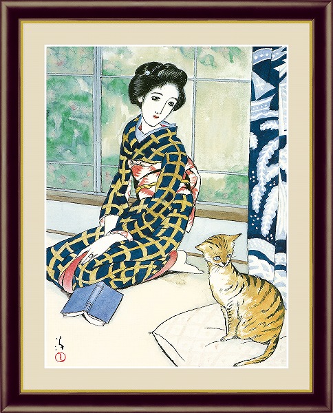 竹久夢二、『山の湖2』、希少な画集画、新品高級額・額装付 0734974.jpg