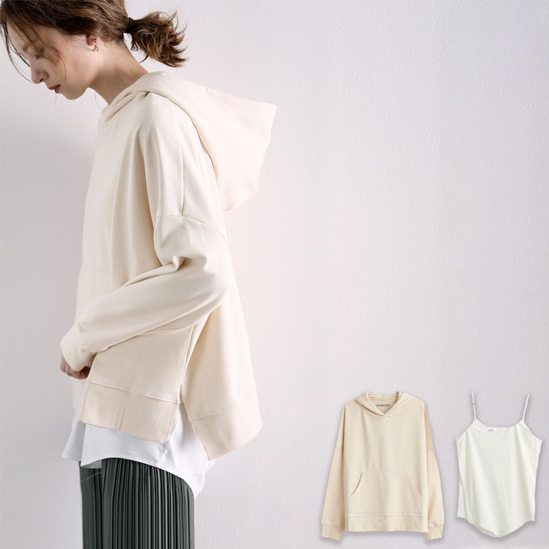 楽天市場 送料無料 レディース トップス Tシャツ インナー 長袖 パーカー スウェット トレーナー 大きいサイズ ゆったり オーバーサイズ ビッグシルエット スリット 無地 重ね着 レイヤード キャミ セットアップ 黒 モカ 白 カーキ Xl L M 春 夏 21ss クラシカルエルフ