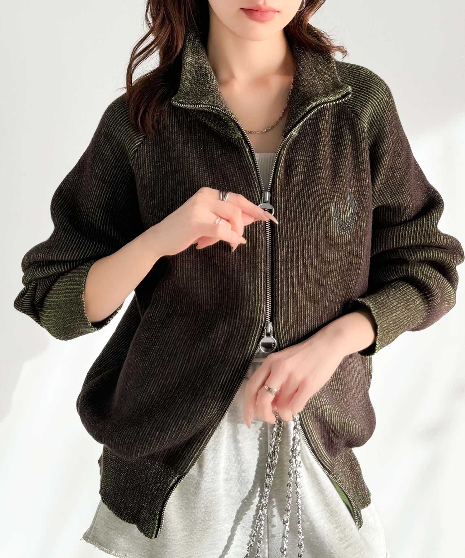 【mily bilet】 トップス ニット レディース カーディガン ダブルジップ ミックスライク 畦編み ワンポイント 胸刺繍 スタンドカラー スタンド衿 classicalelf 【mily bilet】 トップス ニット レディース