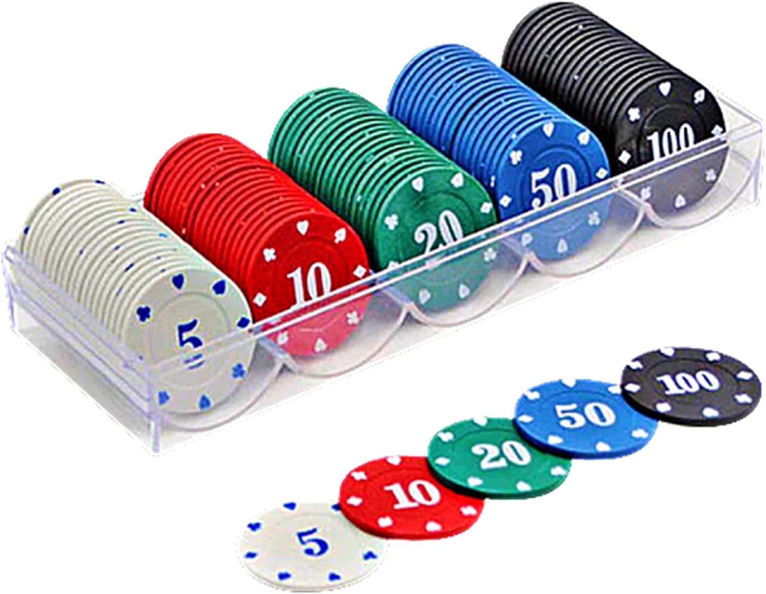 heizi カジノチップセット 100枚 カジノコイン アクリルケース付 ポーカー ブラックジャック テーブルゲーム (5色セット)画像