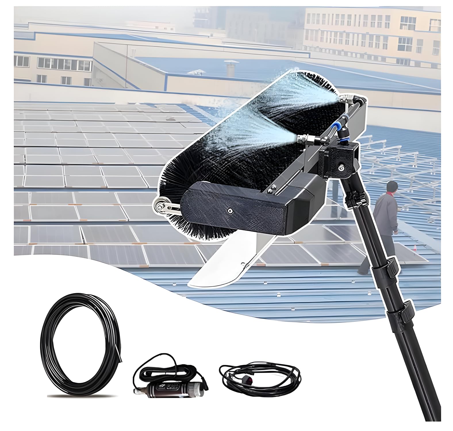 発電効率UP 電動60cmローラーブラシ 自宅屋根~産業用|360°自動回転 伸縮ポール最大7.5m ドライ/ウォーター2モード ソーラーパネル洗浄ツール 軽量設計 【店舗の人気商品!】水ポンプ標準装備|クリーニングエイト