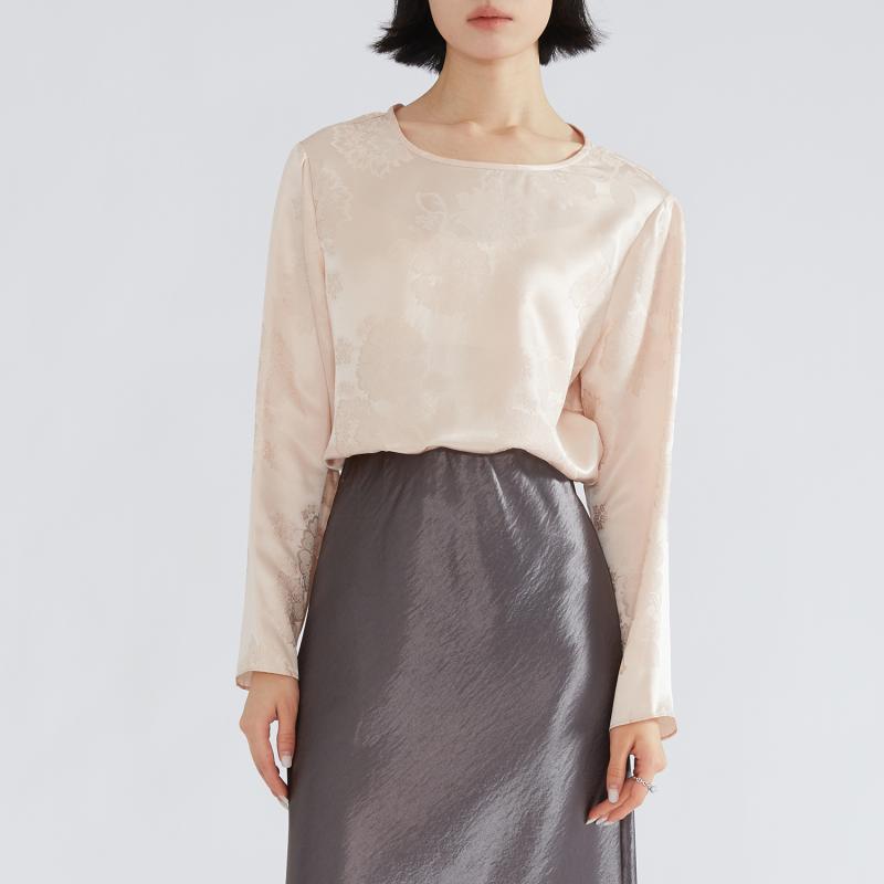 Tシャツ レディース シルク調 桑蚕?風 チャイナボタン ジャカード織り織り 長袖 ゆるめ ラウンドネック トップス 通勤 上品 エレガント 春秋|クリーンライフショップ