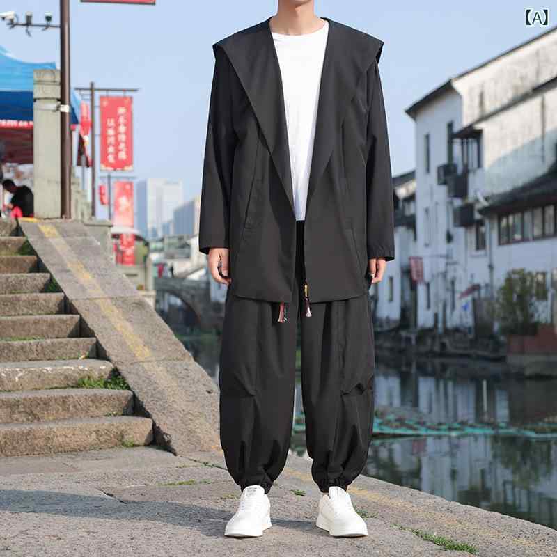 セットアップ メンズ 春夏 カジュアル 接触冷感 パーカー フード付き ポンチョ チャイナ風 紐付き アンクルパンツ ロングパンツ 薄手 涼しい ルームウェア 部屋着 無地 ブラック｜クリーンライフショップ