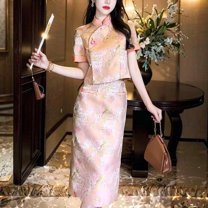 セットアップ レディース 春夏 チャイナドレス風 チャイナ服 トップス スカート 2点セット ワンピース 膝丈 千鳥格子柄 ジャガード 昭和レトロ フレンチスリーブ ピンク|クリーンライフショップ