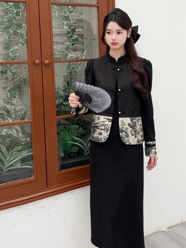 ワンピース レディース 春秋 チャイナドレス風 水墨画風 ベスト 2点セット ロング セットアップ ミモレ丈 コットン混 きれいめ カジュアル レトロ|クリーンライフショップ