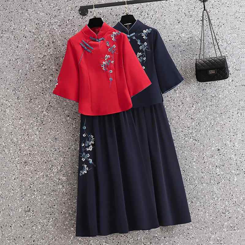 セットアップ レディース チャイナドレス風 チャイナ服 スカート 刺しゅう 改良 レトロ ゆったり 大きいサイズ 中華風 カジュアル 普段着 ２点セット 赤 青 白 コットン混｜クリーンライフショップ