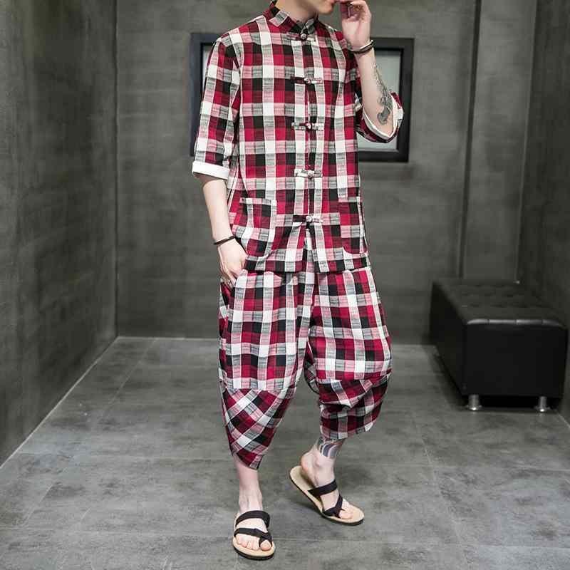 セットアップ メンズ 春夏 半袖 Tシャツ 7分丈 パンツ 綿麻 混紡 チェック柄 チャイナ風 ゆったり カジュアル ルームウェア｜クリーンライフショップ