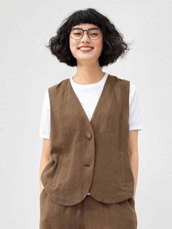 ベスト レディース 春秋 リネン 麻 ジレ トップス Vネック 前開き ポケット付き ゆったり 快適 カジュアル ナチュラル レトロ|クリーンライフショップ