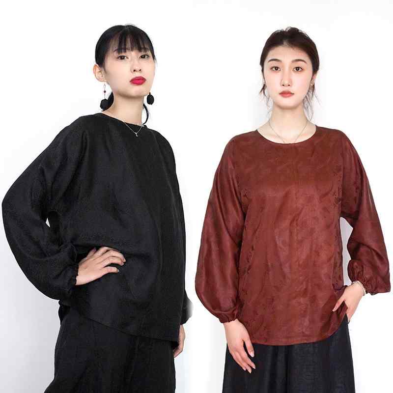 Tシャツ レディース 春秋 長袖 丸首 パフスリーブ バルーン袖 切り替え レトロ アジアン エスニック ゆったり 体型カバー トップス 伝統織物風 シフォン 快適 カジュアル 上品 チャイナ風｜クリーンライフショップ