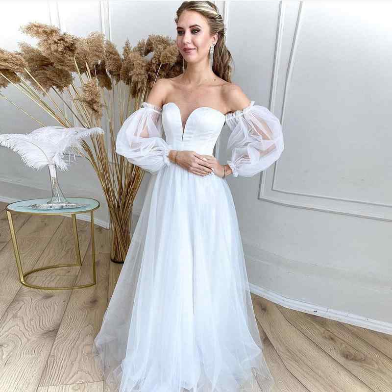 ウェディングドレス 長袖 ロング チュール パフスリーブ オフショルダー アイボリー 結婚式 ブライダル パーティー 花嫁 二次会 フォーマル