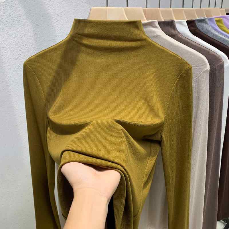 カットソー レディース 長袖 ハーフネック 秋冬 インナー トップス シンプル スリム 薄手 ストレッチ 伸縮性 保温性 ベージュ系 ブラウン系 ブラック2