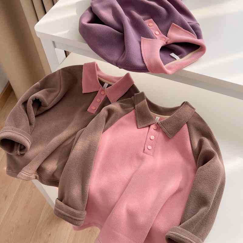 子供服 スウェットシャツ 女児 長袖 トップス 裏起毛 秋冬 中童 大童 無地 ポロネック カットソー 90cm 100cm 110cm 120cm 130cm 140cm 150cm 160cm