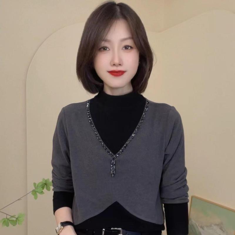 Tシャツ レディース 秋冬 裏起毛 スウェード 切り替え ファッション 普段使い 通勤 婦人服 トップス 長袖 カットソー ブラック 黒 パープル 紫 グレー ワインレッド