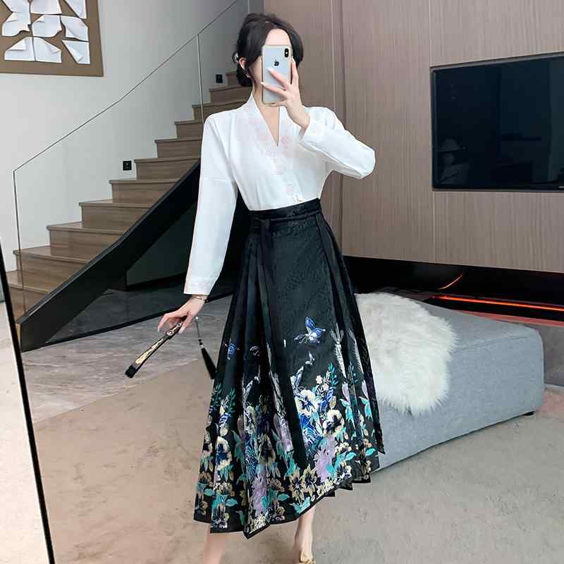 シャツ レディース 春夏 ポリエステル ブラック 馬面スカート 漢服風 セットアップ