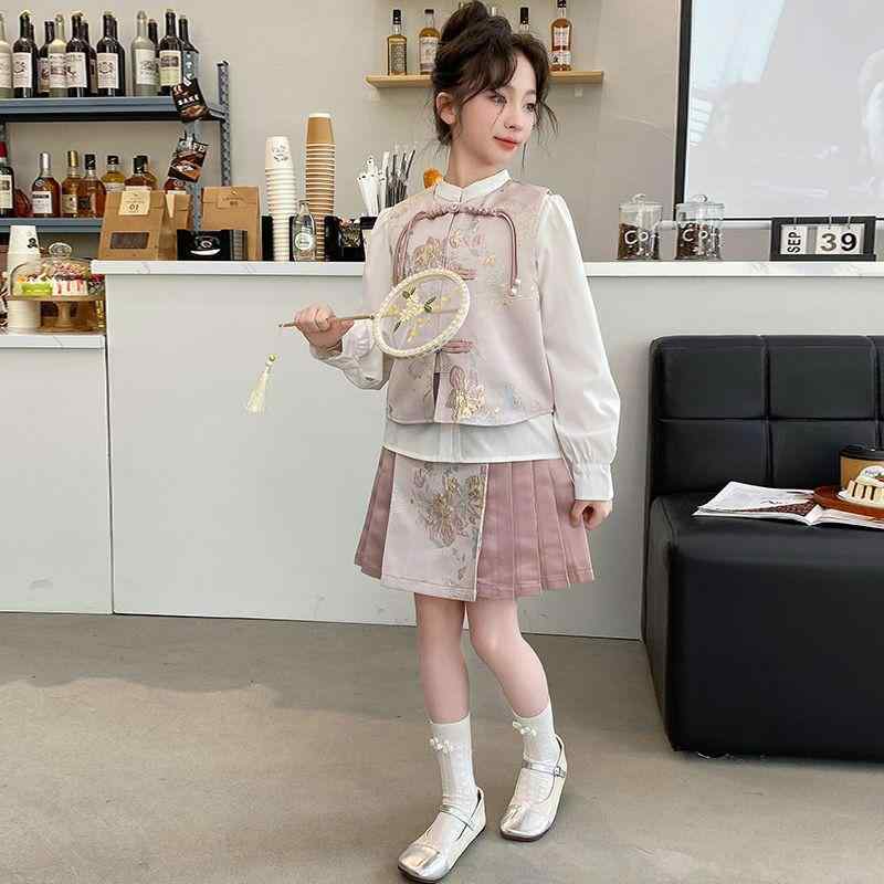 子供服 セットアップ 女の子 シャツ ベスト スカート 3点セット 春秋 かわいい ガーリー チャイナドレス風 ピンク 100 110 120 130 140 150 160cm