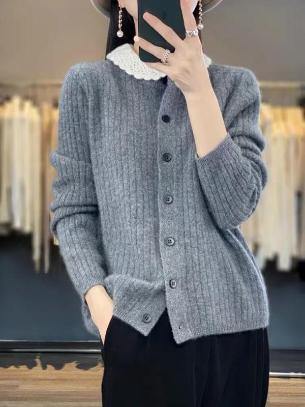 ニット カーディガン レディース 秋冬 配色 ゆったり 羊毛 暖かい ニット アウター トップス 長袖 ポロ襟 エレガント ブラック 黒 グレー M L XL 2XL