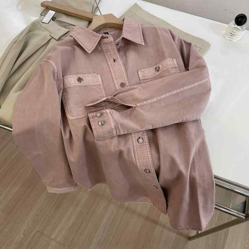シャツ レディース ゆったり ヴィンテージ ウォッシュ加工 ピンク系 コットン デニム ブラウス 長袖 トップス カジュアル2