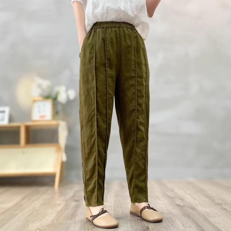 パンツ レディース リネンパンツ 亜麻 春夏 文芸風 リラックスパンツ ゴムウエスト ゆったり テーパードパンツ カジュアルパンツ 無地 着痩せ効果 白色 オリーブグリーン2
