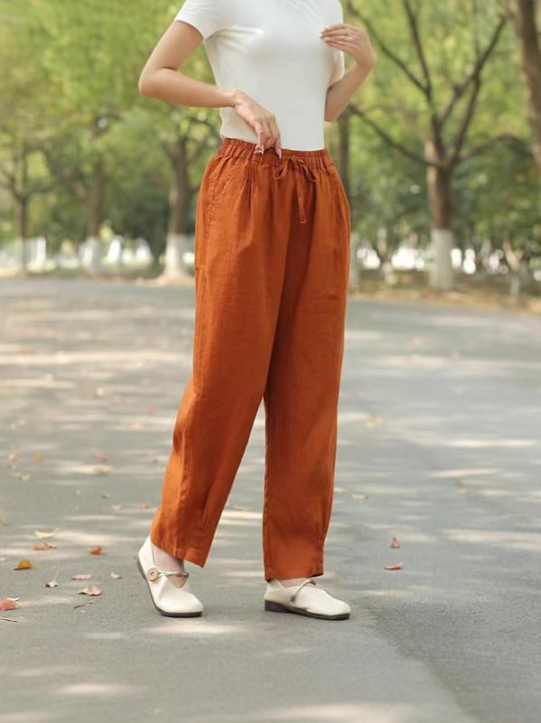 パンツ レディース リネン ハーレムパンツ 麻 9分丈 ゆるシルエット ハイウエスト ゆったりサイズ 文芸風 レトロ ポケット付き 春夏2