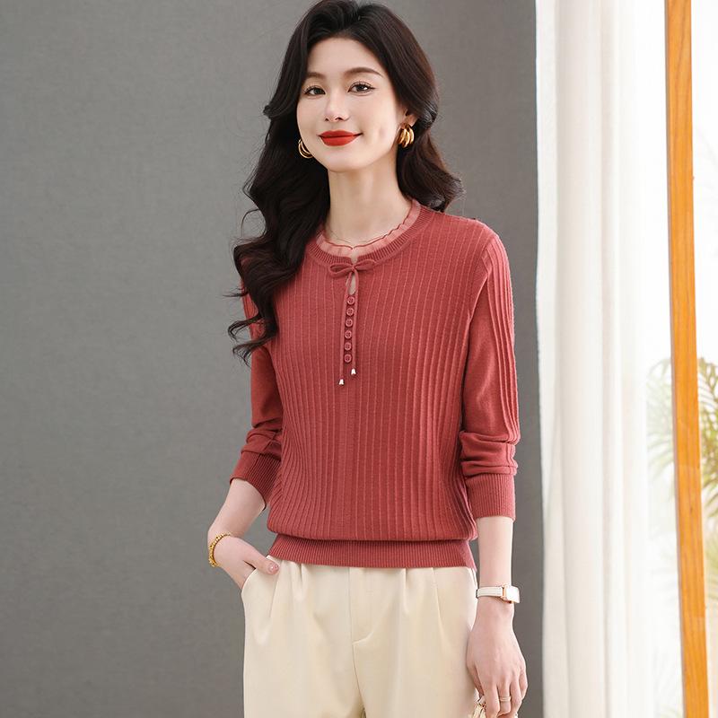 ニット レディース 長袖 Tシャツ カットソー 秋冬 Aライン ゆったり レース おしゃれ かわいい きれいめ 上品 フェミニン 韓国ファッション カジュアル ベージュ ピンク系 グレー